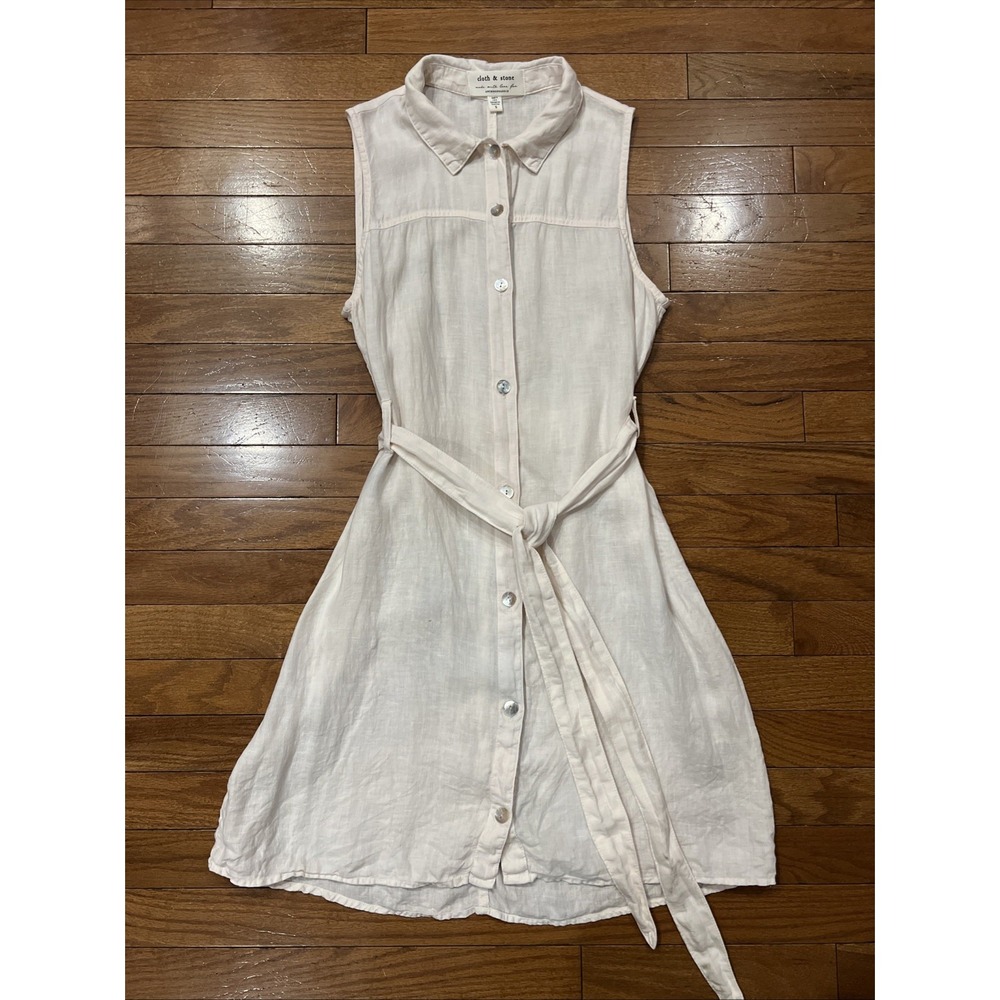 Anthro Cloth & Stone 100% Linen Dress S Ivory Toned Tie Waist Summer